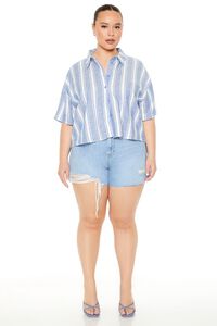 BLUE/WHITE Plus Size Striped Linen-Blend Shirt, image 4