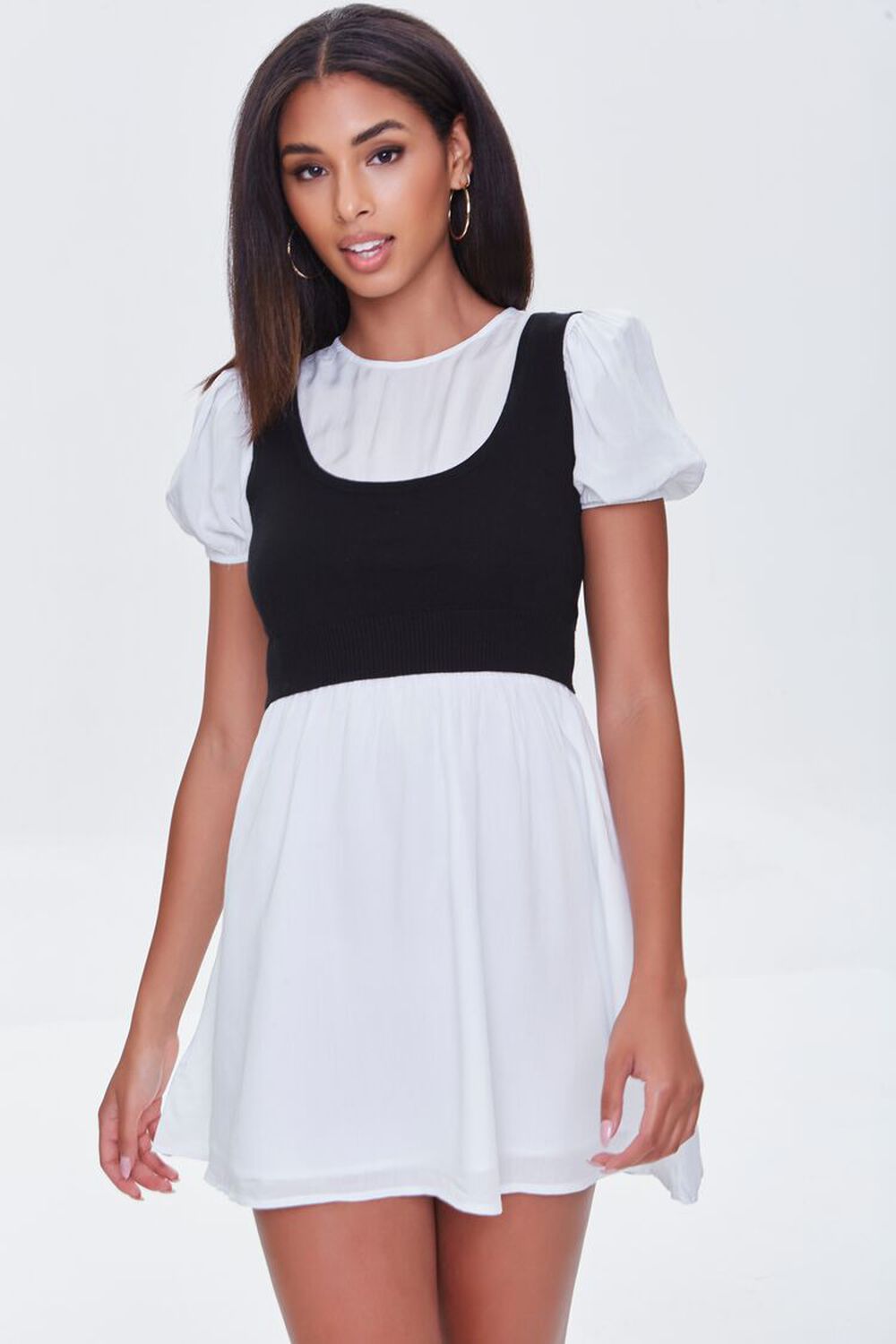 WHITE/BLACK Combo Puff-Sleeve Mini Dress, image 1