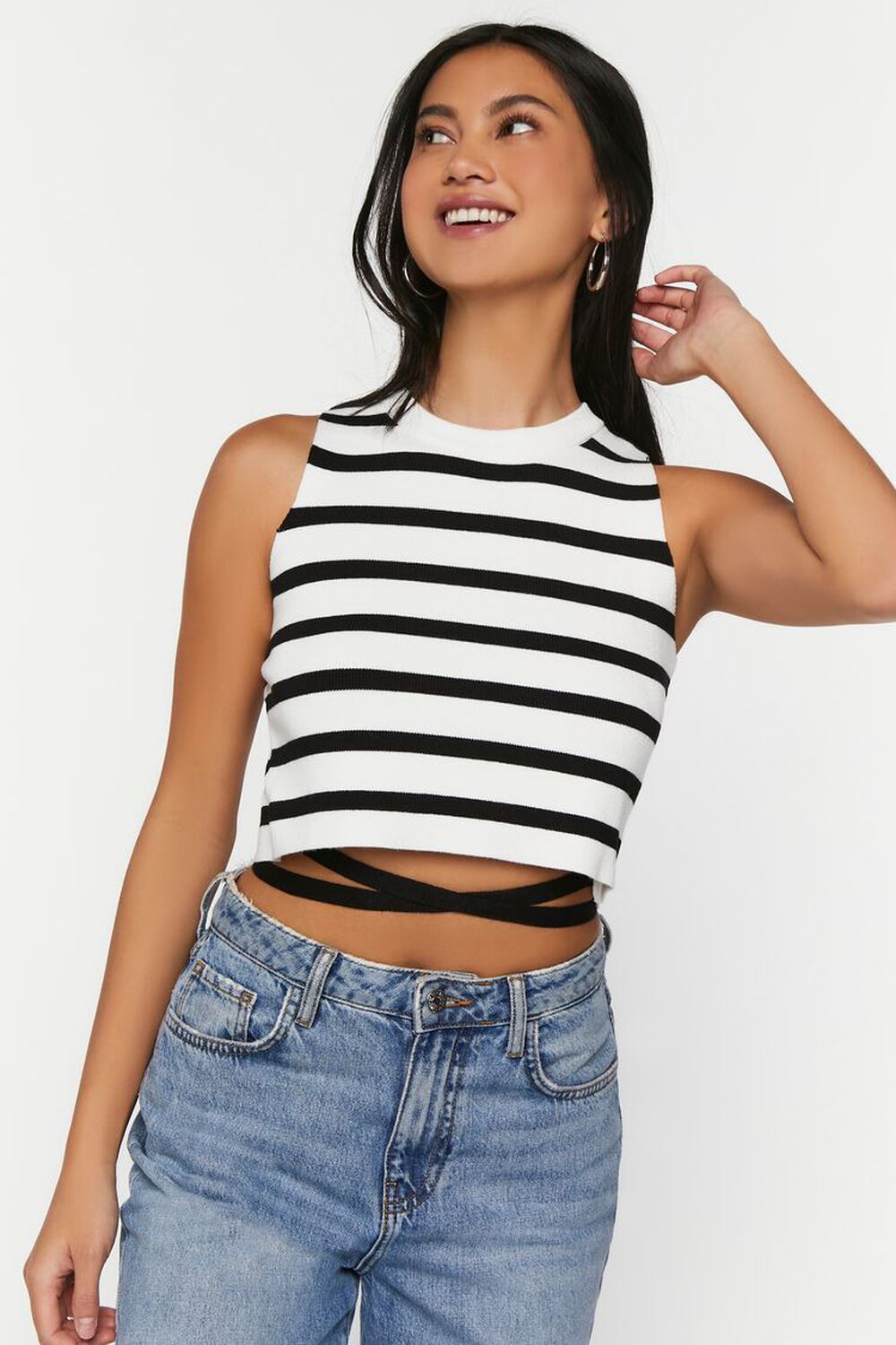 BLACK/WHITE Striped Strappy Sleeveless Crop Top, image 1