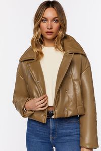 TAUPE Faux Leather Foldover Puffer Jacket, image 1