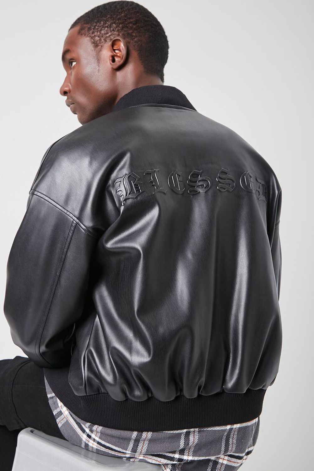 BLACK Blessed Faux Leather Bomber Jacket, image 1