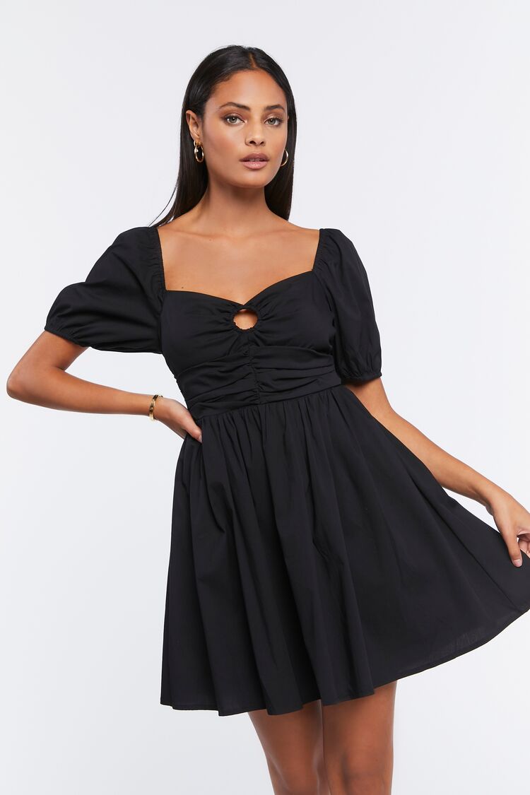 Women O-Ring Puff-Sleeve Mini Dress in Black Small
