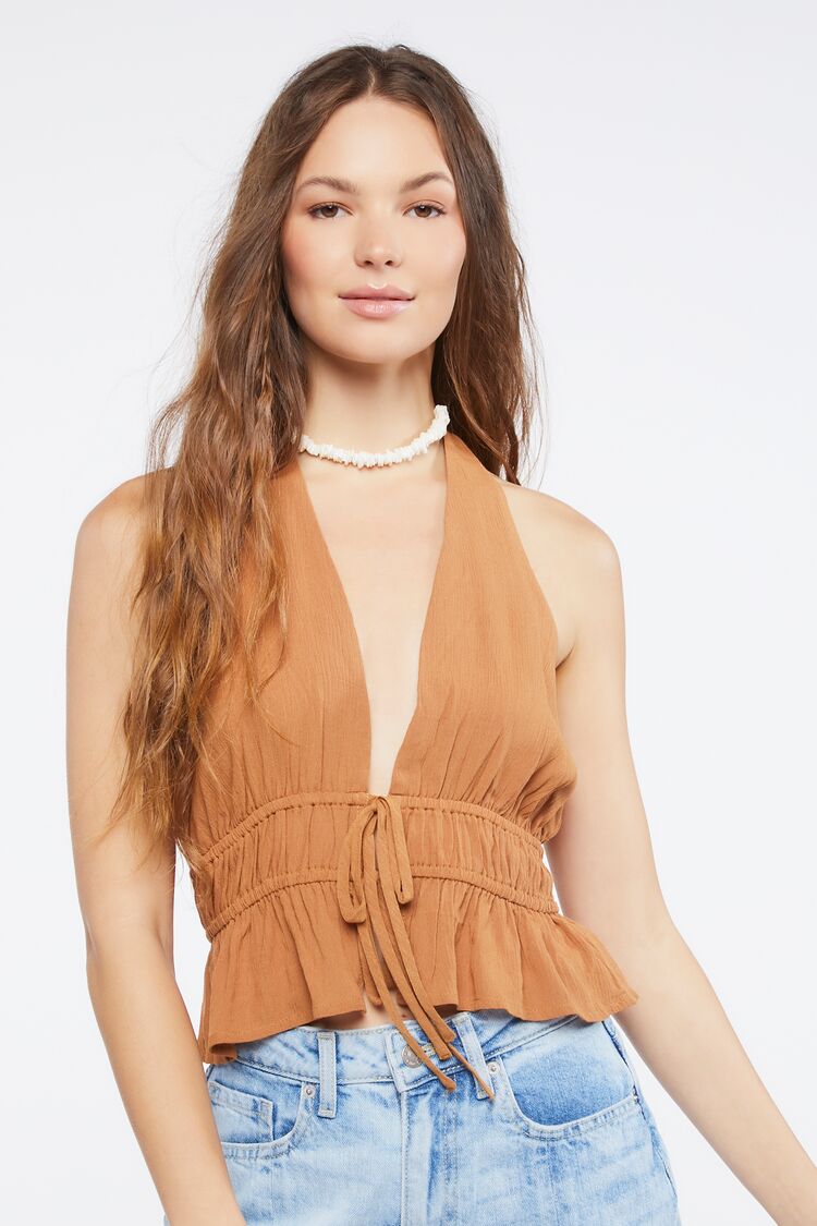 Women Gauze Flounce Halter Top in Maple Large FOREVER 21 on sale 2022