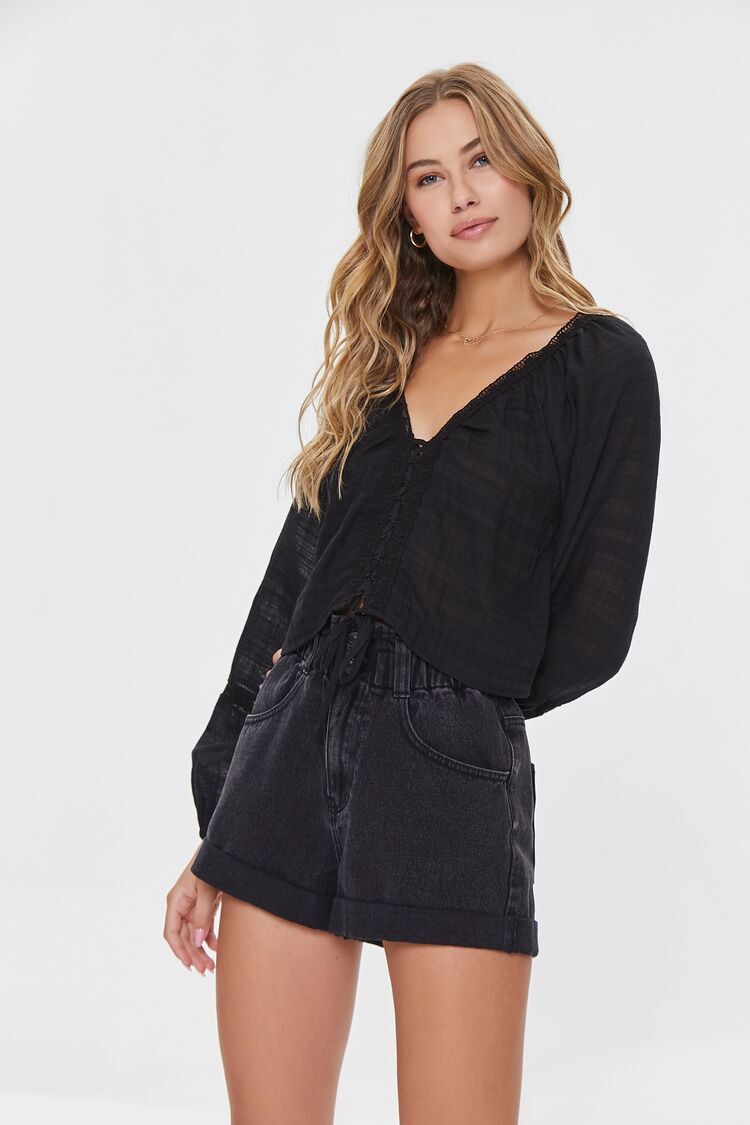Women Lace-Up Crochet-Trim Crop Top in Black Large FOREVER 21 on sale 2022 2