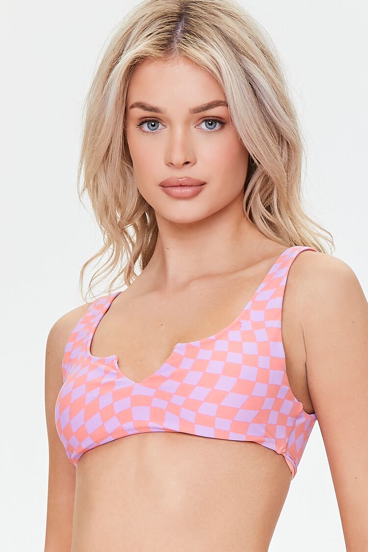 Women Checkered Split Neck Bikini Top in Salmon/Lavender Medium FOREVER 21 on sale 2022