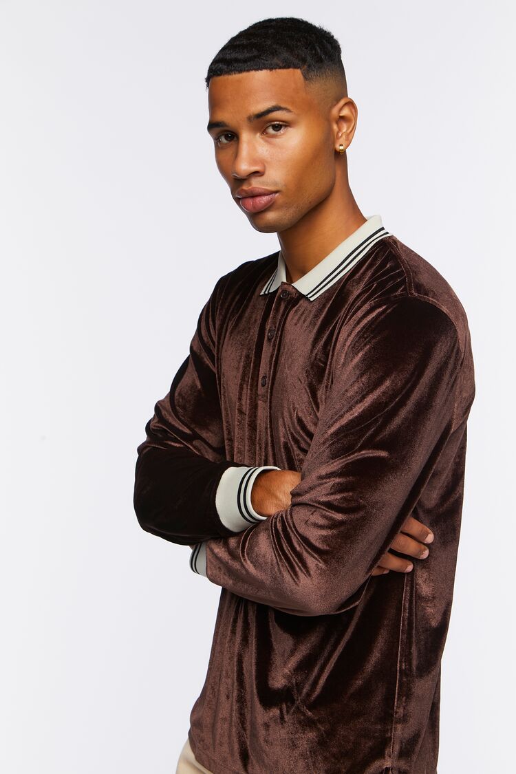 Men Velour Contrast Striped-Trim Shirt in Dark Brown Medium 21MEN on sale 2022 2