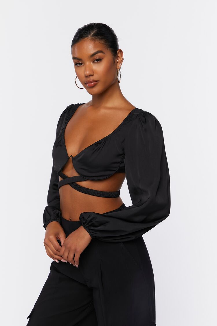 Women Cutout Peasant-Sleeve Top in Black,  XS FOREVER 21 on sale 2022 2