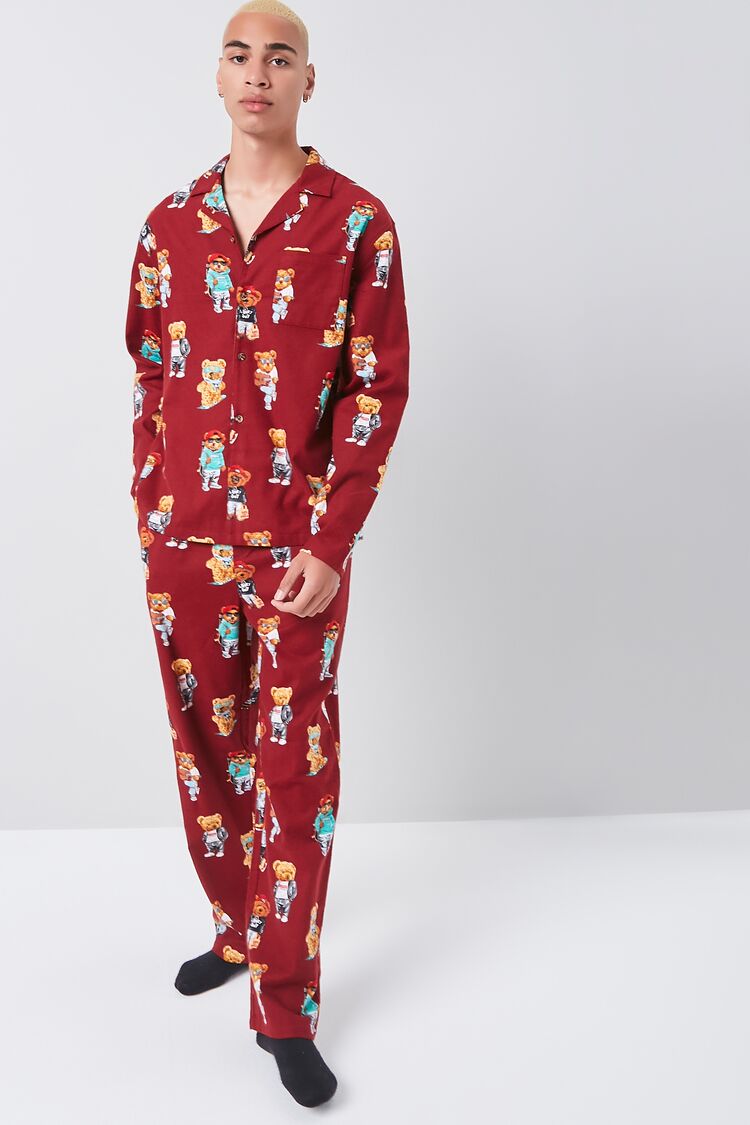 Men Teddy Bear Print Pajama Pants in Red Large 21MEN on sale 2022