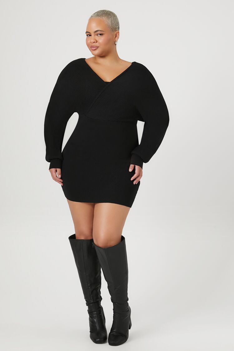 Plus Size Surplice Mini Sweater Dress