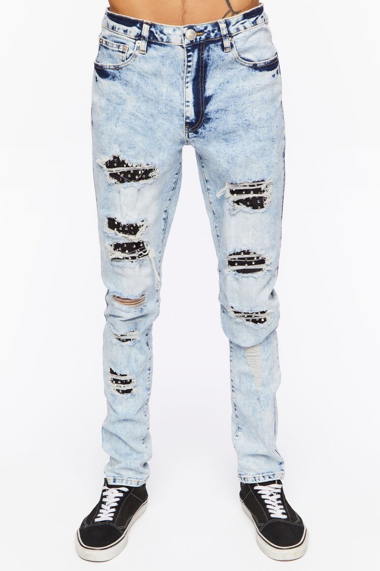 Men Bleached Wash Distressed Skinny Jeans in Medium Denim,  33 21MEN on sale 2022 2