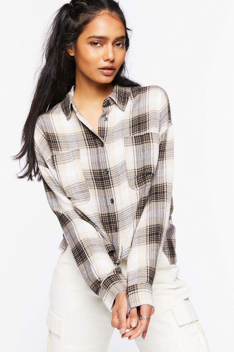 Women’s High-Low Plaid Shirt in Tan Medium Forever on sale 2022