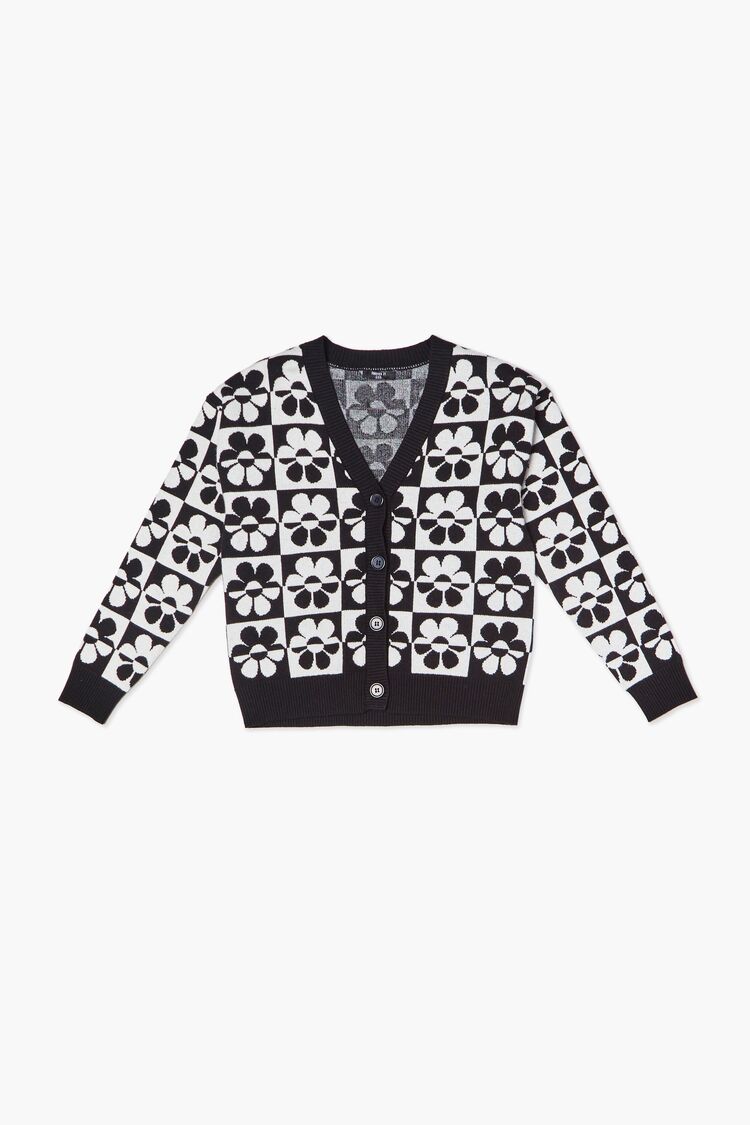 Girls Checkered Floral Cardigan Sweater (Kids) in Black/White,  5/6 (Girls on sale 2022