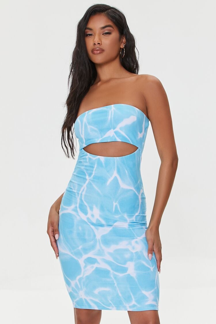 Women Water Print Cutout Tube Dress in Blue,  XS FOREVER 21 on sale 2022
