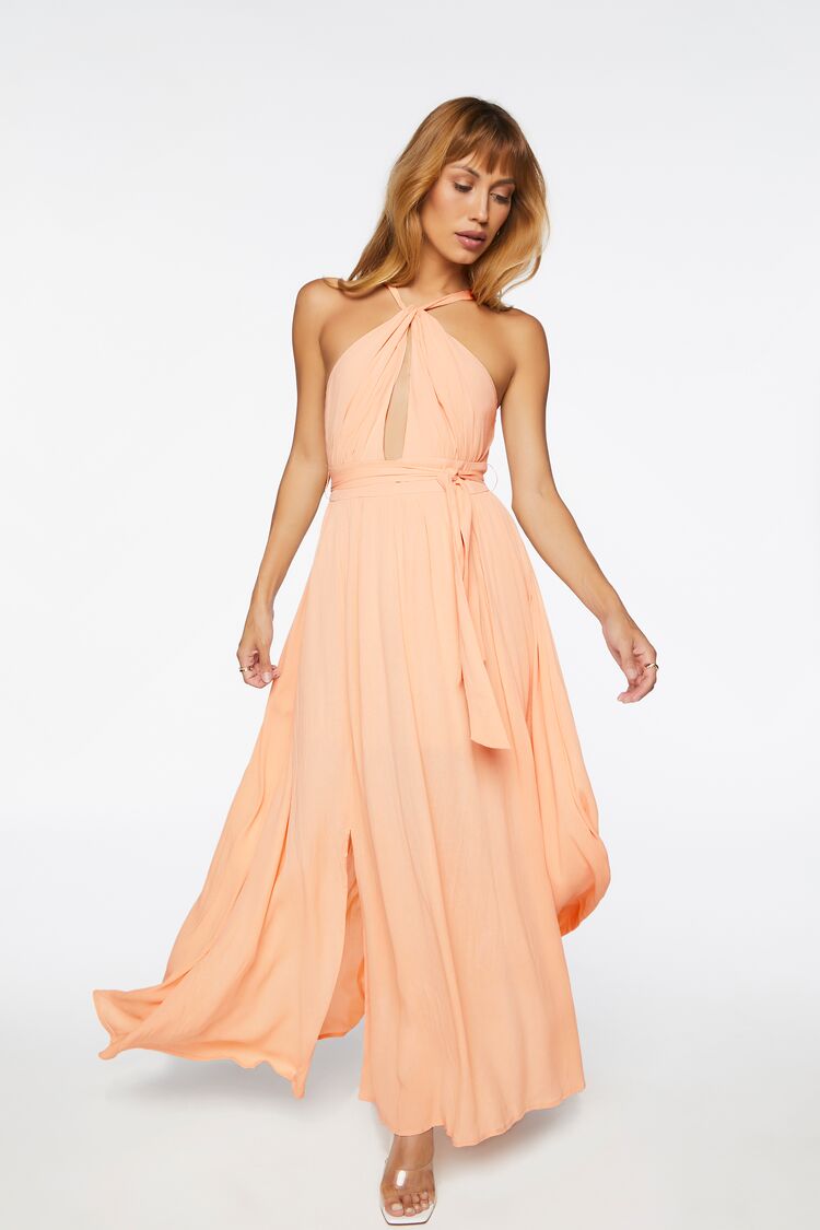 Women Belted Cutout Halter Maxi Dress in Golden Peach,  XS FOREVER 21 on sale 2022