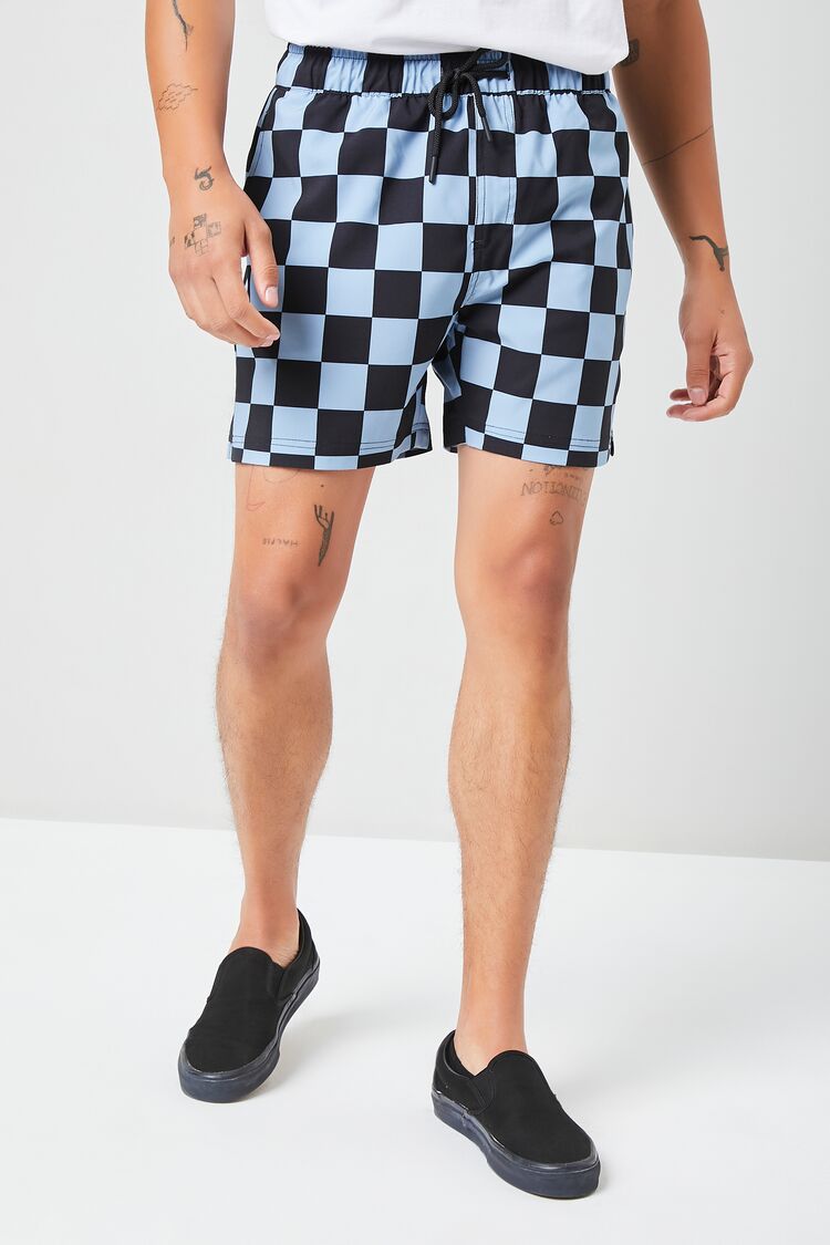 Men Checkered Drawstring Swim Trunks in Dusty Blue/Black,  XL 21MEN on sale 2022 2