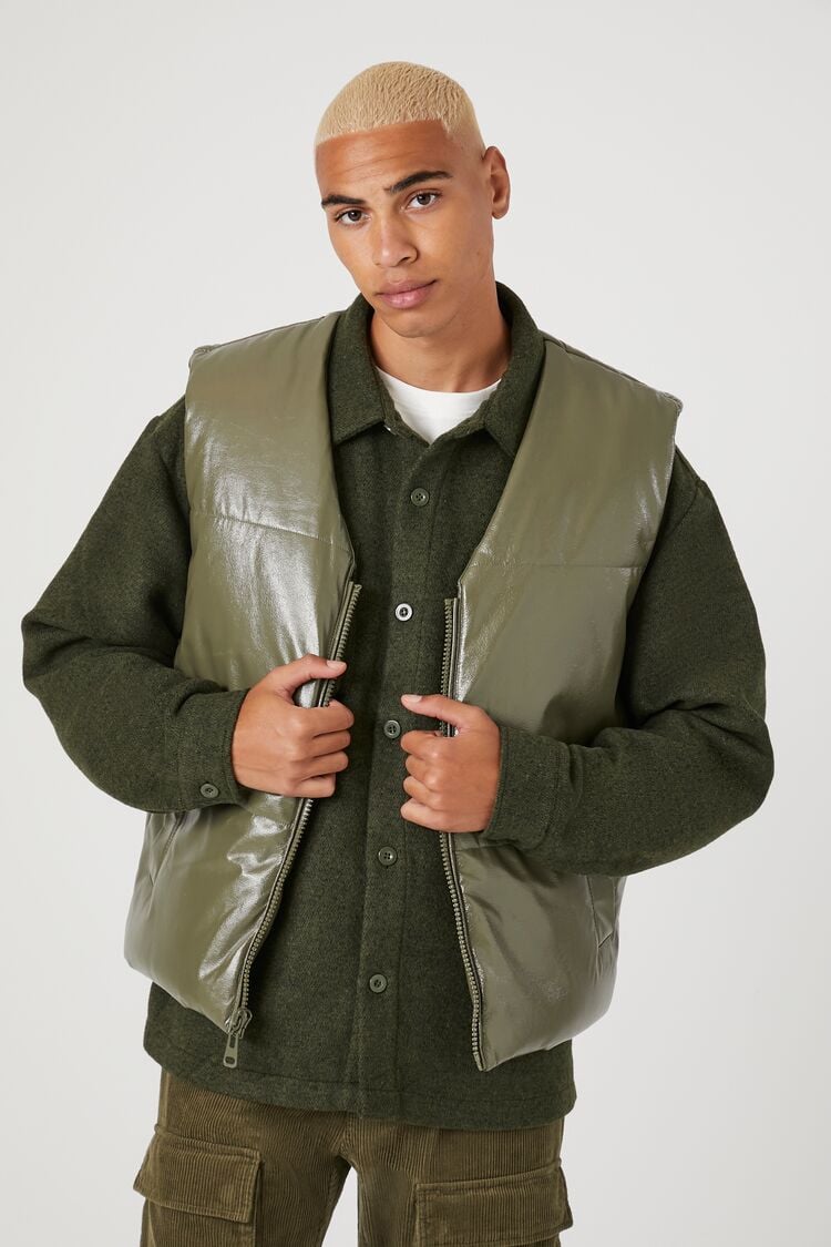 Men Faux Leather Zip-Up Vest in Olive,  XXL