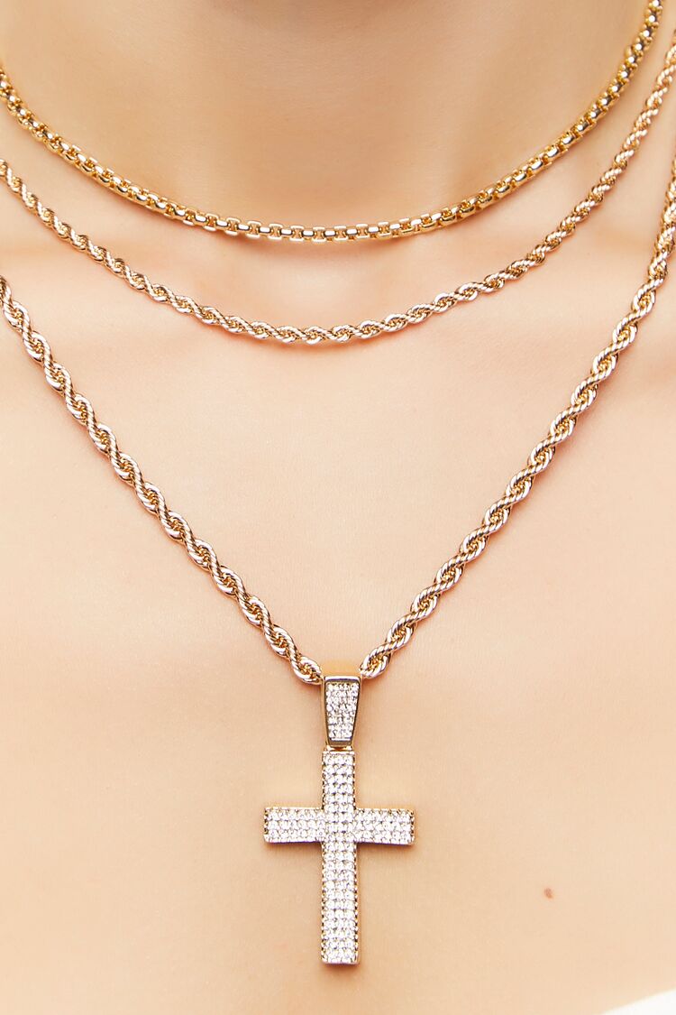 Women’s Rhinestone Cross Necklace Set in Gold/Clear Accessories on sale 2022 2
