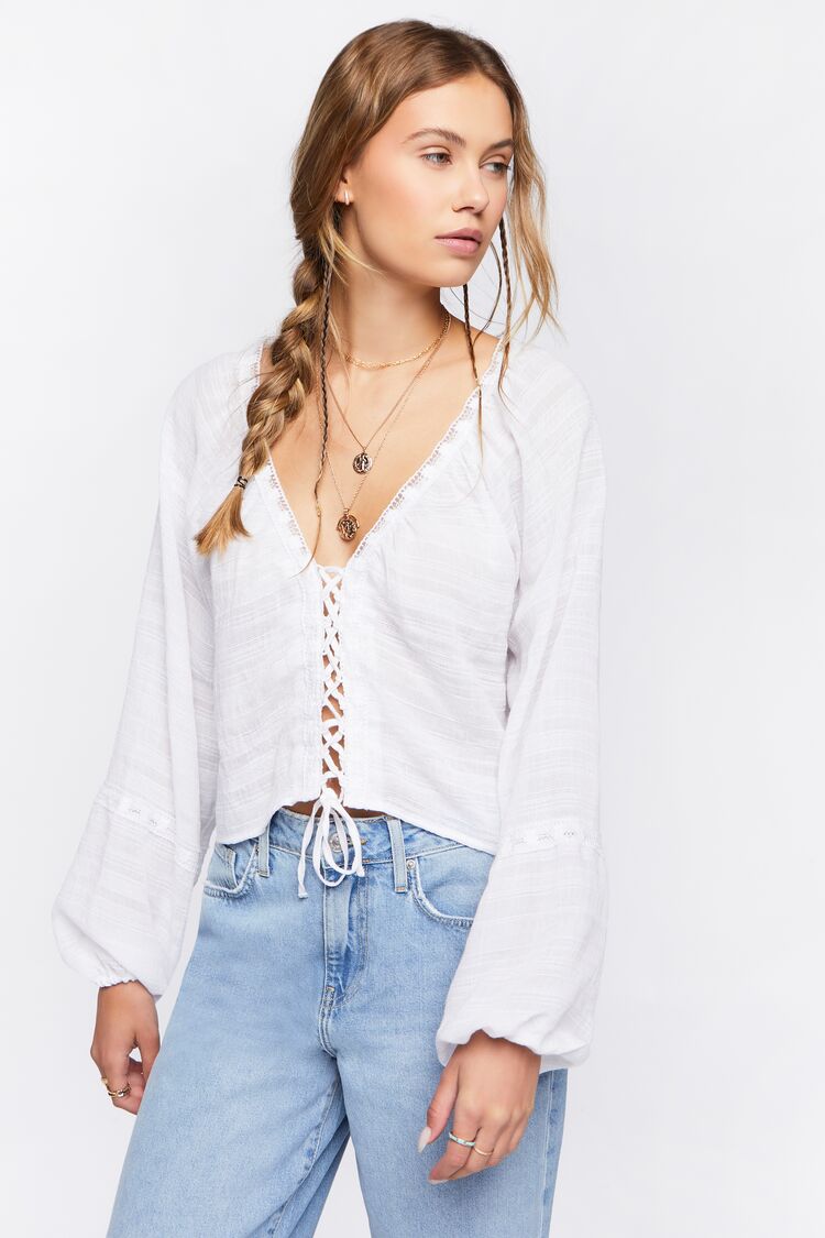 Women Lace-Up Crochet-Trim Crop Top in White,  XS FOREVER 21 on sale 2022