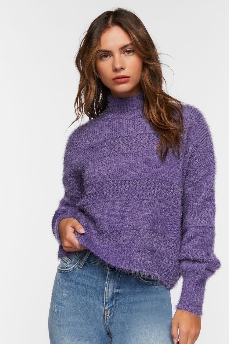 Fuzzy Contrast-Panel Mock Neck Sweater