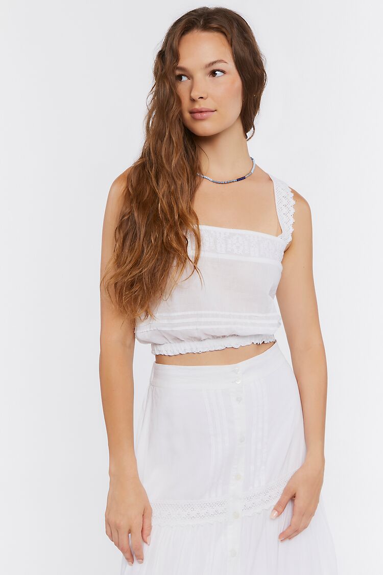 Women Ruffled Crochet Crop Top in White,  XL
