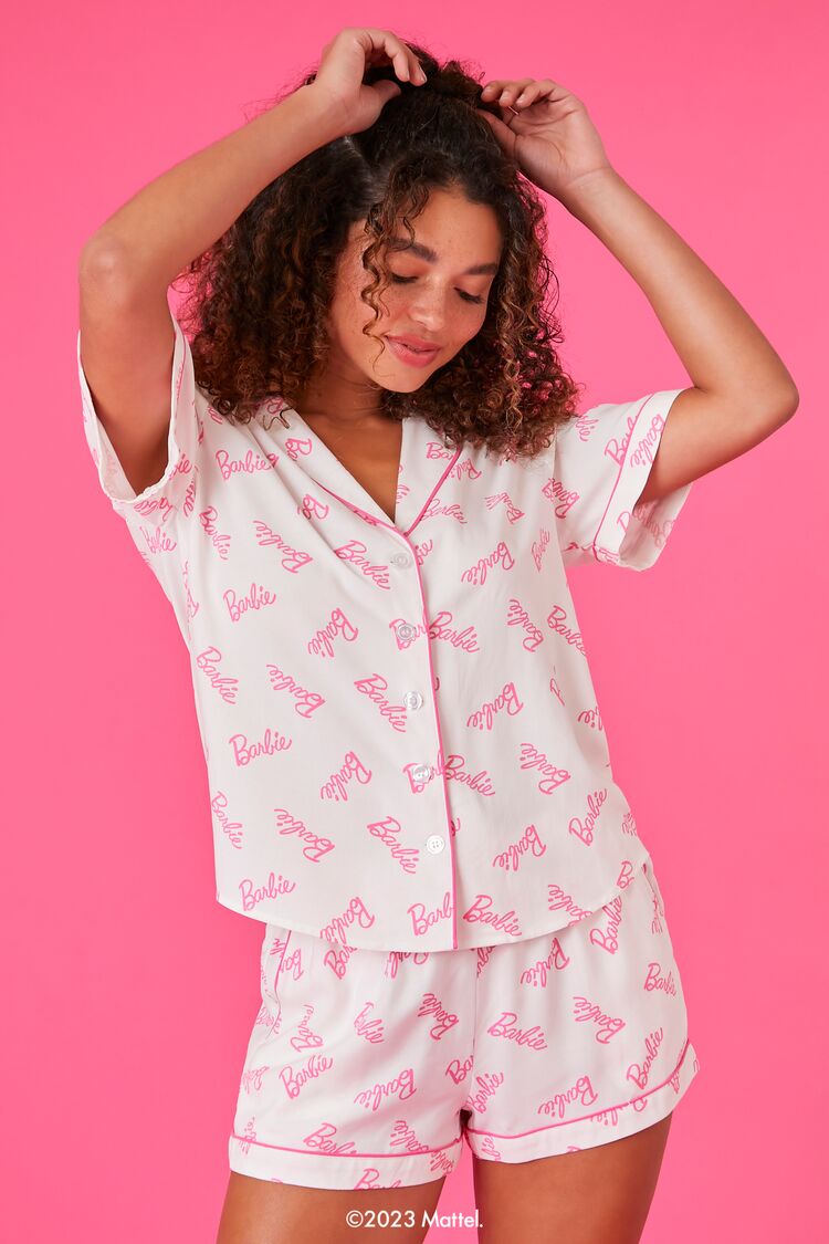 Barbie Ladies Pyjama Set  Womens Ribbed White Vest & Pink All