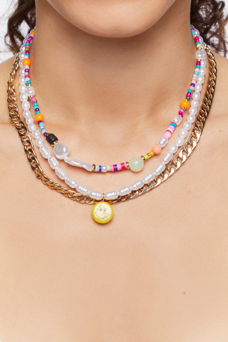 Women’s Layered Happy Face Bead Necklace in Gold Accessories on sale 2022