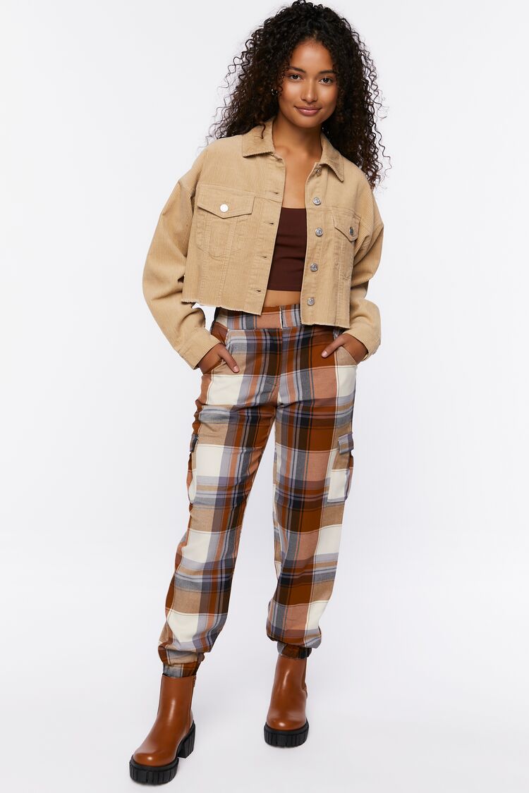Women Plaid Cargo Joggers in Light Brown,  XL
