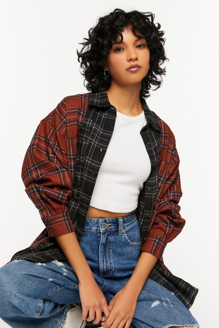 Women’s Reworked Plaid High-Low Shirt in Brown,  XL Brown on sale 2022
