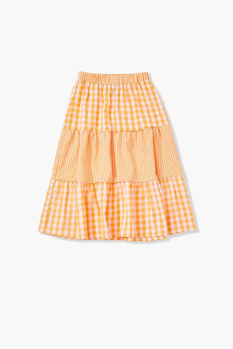 Girls Gingham Maxi Skirt (Kids) in Orange/White,  13/14 (Girls on sale 2022