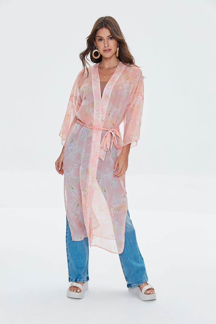 Women Sheer Seashell Print Kimono in Peach ,  XS FOREVER 21 on sale 2022 2