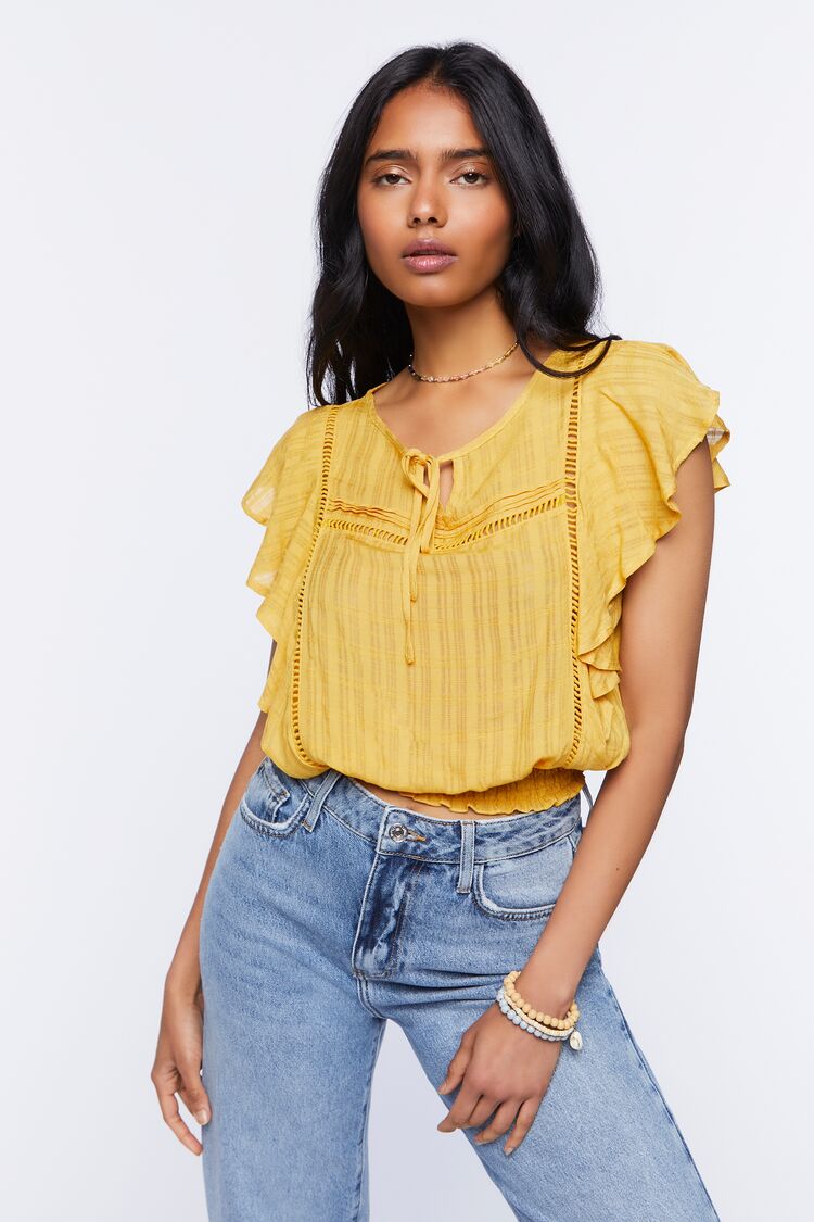 Women Ruffle Ladder-Trim Crop Top in Yellow Gold,  XS FOREVER 21 on sale 2022