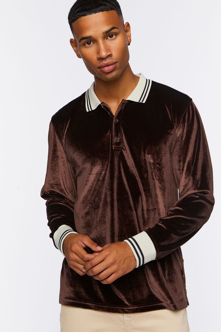 Men Velour Contrast Striped-Trim Shirt in Dark Brown,  XXL 21MEN on sale 2022