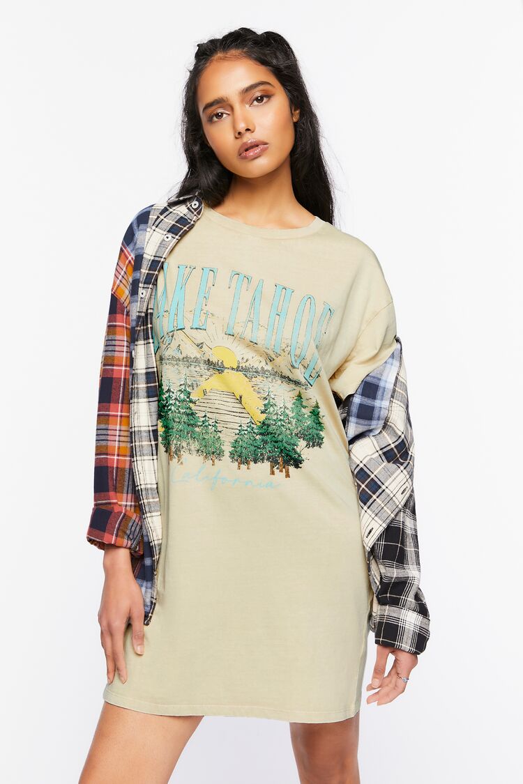 Women Lake Tahoe Graphic T-Shirt Dress in Beige/Blue Large FOREVER 21 on sale 2022