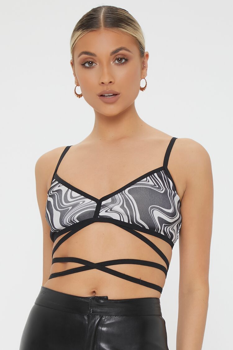 Women Abstract Self-Tie Cropped Cami in Black/Cream,  XL FOREVER 21 on sale 2022 2