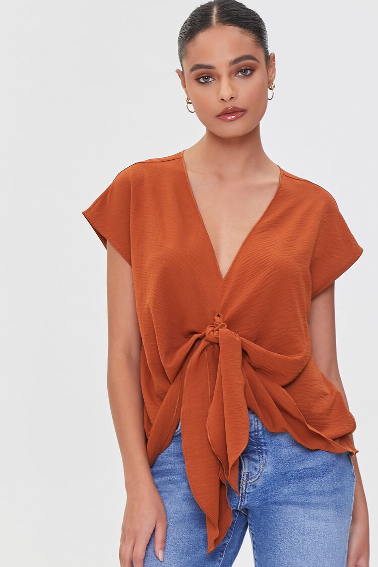 Women Plunging Tie-Front Top in Rust Small FOREVER 21 on sale 2022