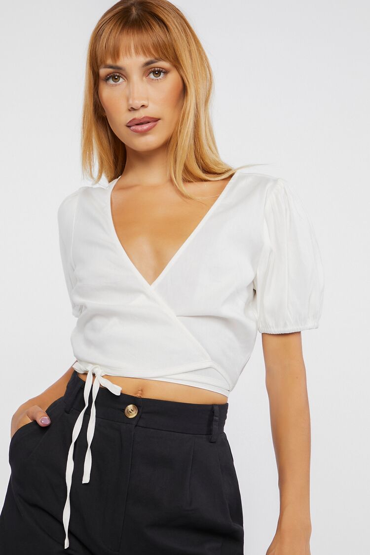 Women’s Linen-Blend Cropped Wrap Top in Vanilla Large Cropped on sale 2022