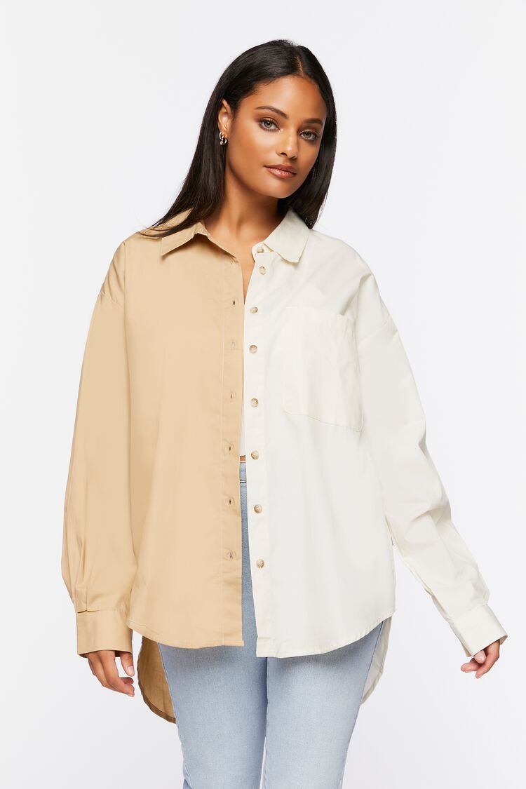 Women’s Colorblock Poplin High-Low Shirt in Taupe Large Colorblock on sale 2022