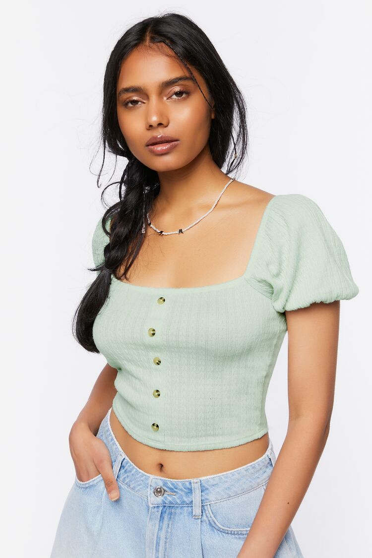 Women Buttoned Crop Top in Mint Small FOREVER 21 on sale 2022
