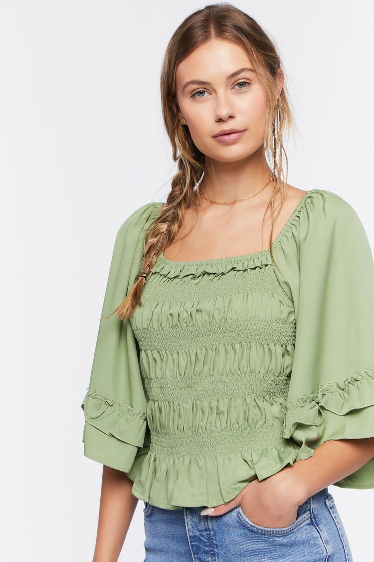 Women Smocked Ruffle-Trim Top in Sage Small FOREVER 21 on sale 2022
