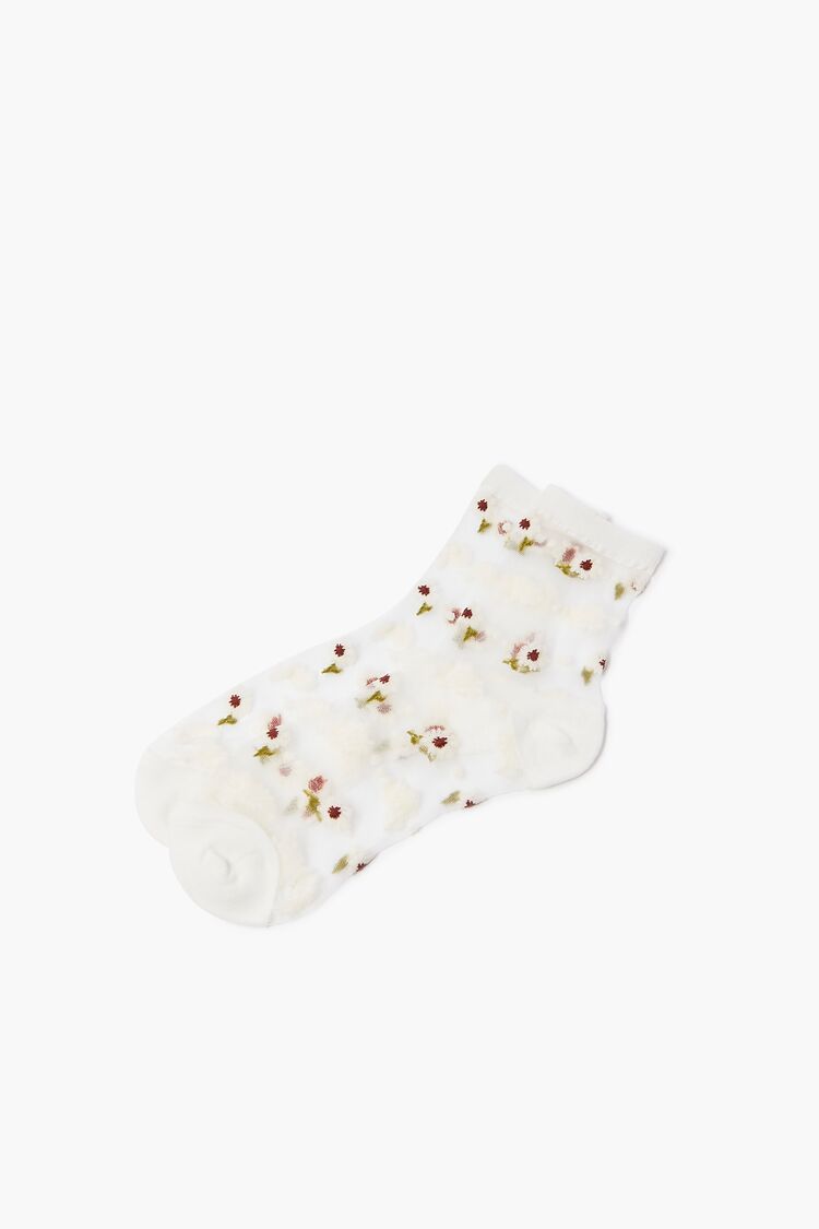 Embroidered Floral Mesh Crew Socks in White Accessories on sale 2022 2