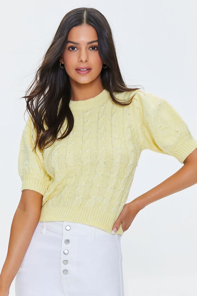 Women Faux Pearl Puff-Sleeve Sweater in Light Yellow Medium
