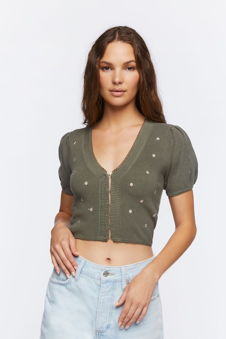 Women’s Sweater-Knit Floral Embroidered Top in Sage/Beige Medium embroidered on sale 2022 2