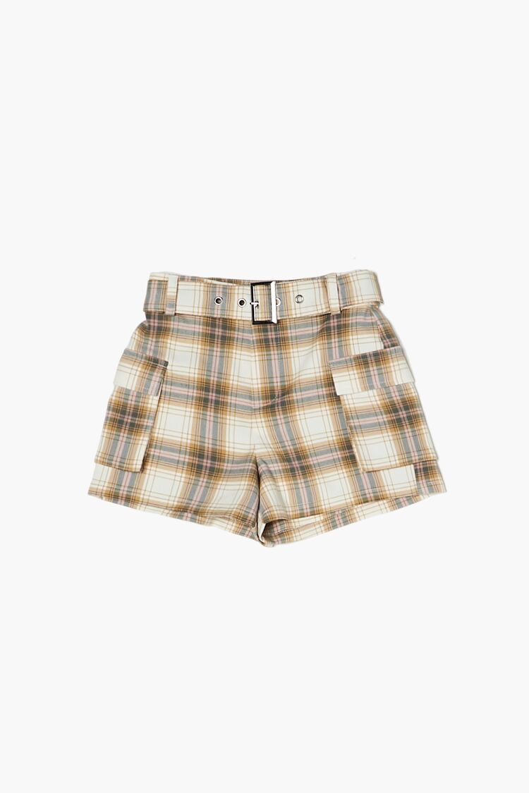 Girls Belted Plaid Shorts (Kids) in Taupe,  11/12 (Girls on sale 2022