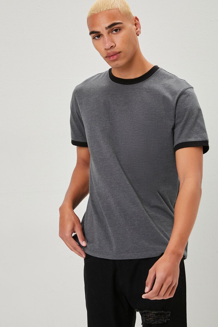 Men Heathered Knit Ringer Tee in Charcoal/Black Small 21MEN on sale 2022 3