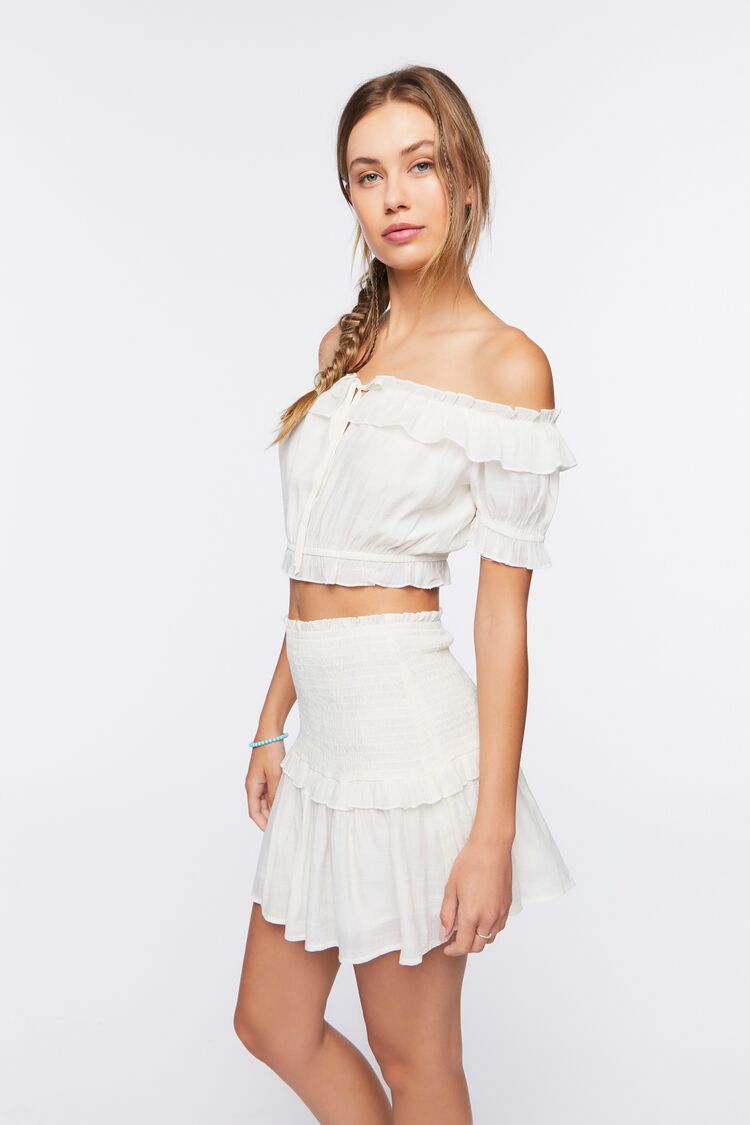 Women Off-the-Shoulder Top & Mini Skirt Set in White,  XS FOREVER 21 on sale 2022 2