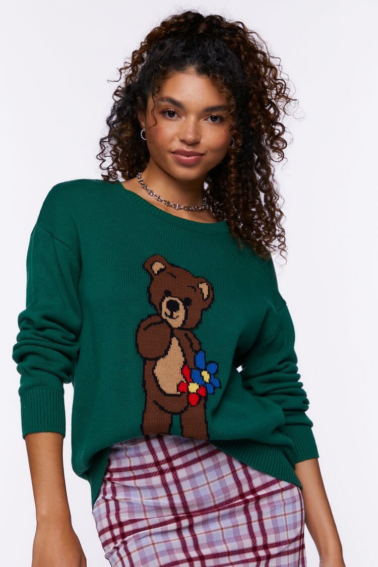 Women’s Teddy Bear Graphic Sweater in Green/Brown Medium Bear on sale 2022 3