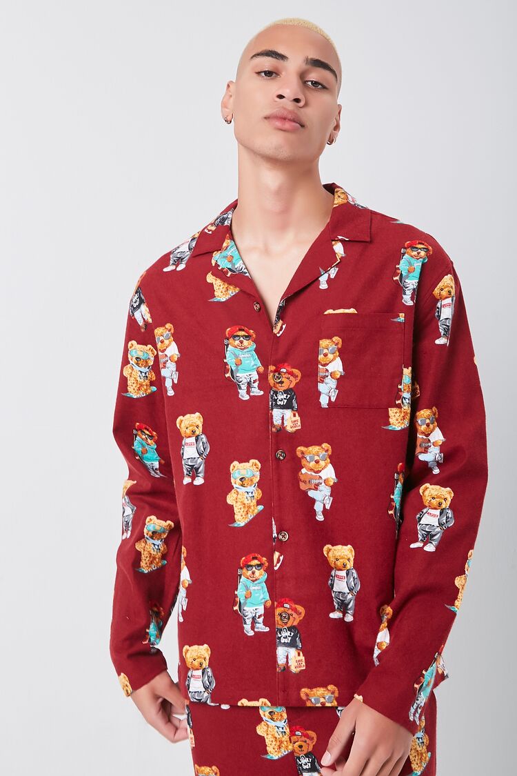 Men Teddy Bear Print Pajama Shirt in Red Large 21MEN on sale 2022