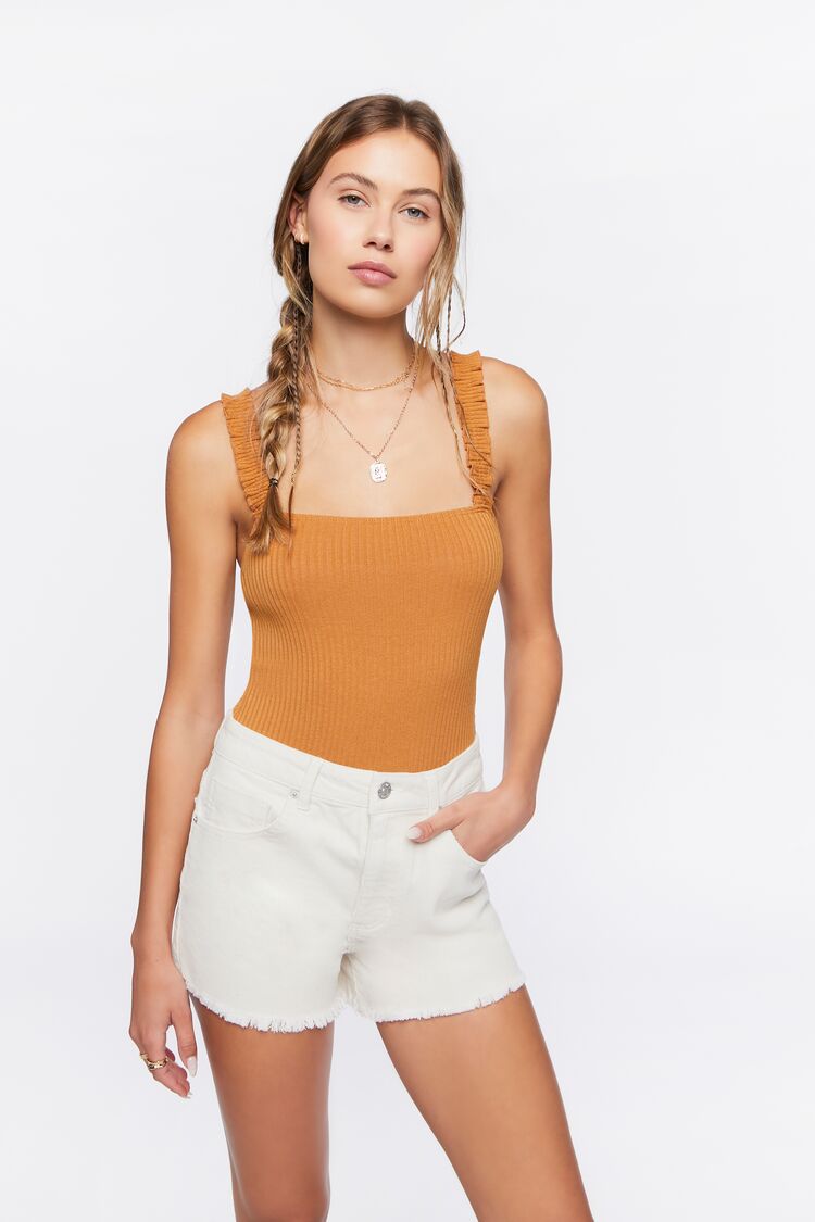 Women's Ruched-Strap Ribbed Bodysuit in Maple Small

