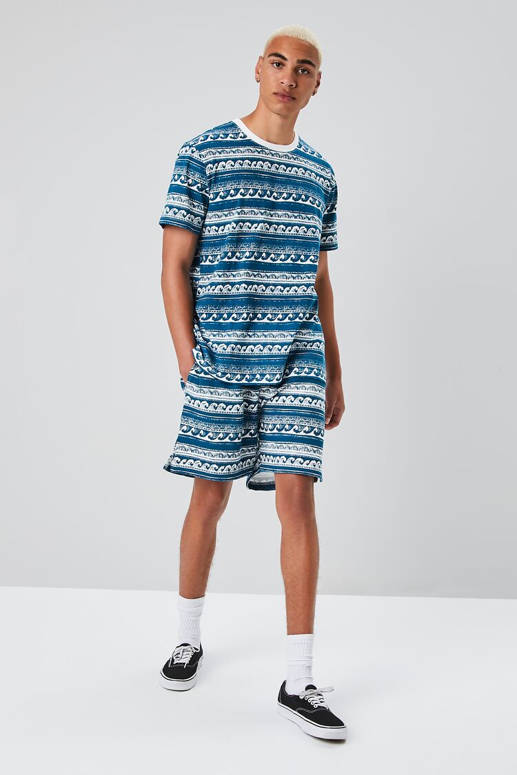 Men Ornate Wave Print Shorts in Dark Blue/White,  XL