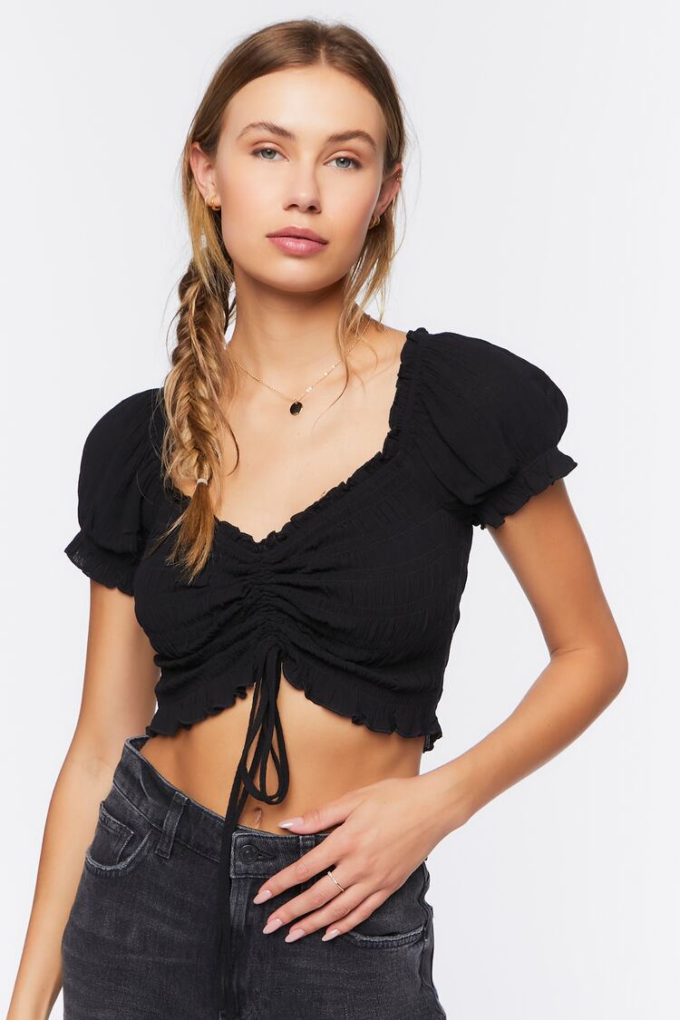 Women Ruched Tie-Front Crop Top in Black Medium FOREVER 21 on sale 2022